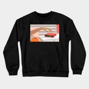 Womans hand pushing on alarm clock snooze button Crewneck Sweatshirt